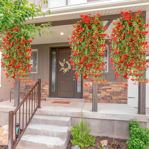 6 Pcs Spring Artificial Hanging Flowers Outdoor Faux Silk Mum Plant Decor Violet with Eucalyptus Realistic UV Resistant Trailing Vine Spring Porch Yard(Red,Violet) - color: Red, style: Violet
