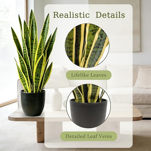 Fake Snake Plant 35'',3ft Artificial Gold Snake Plants Indoor with Black Planter, Realistic Faux Sansevieria Potted for Home Decor, Low Maintenance Greenery for Desk Office Corner Bedroom - color: Yellow-35in