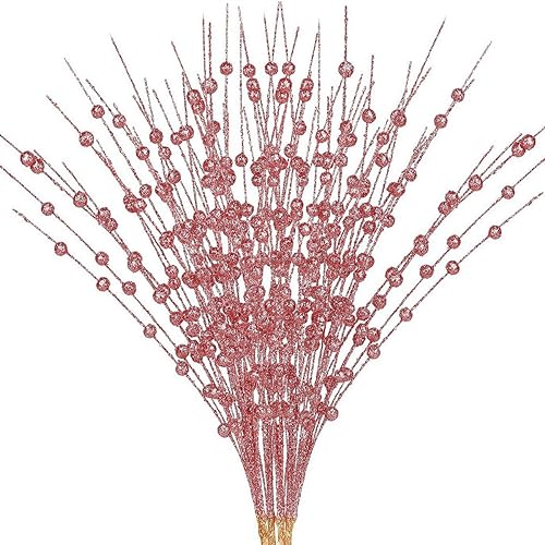 Artificial Glitter Berry Stem Ornaments 17” Decorative Faux Bright Berries Flowers Decorations Picks Bead Sticks Branches for Home Christmas Tree Decor DIY Wreath Crafts - Champagne Pink 10 Pack - color: Glitter Berry Sticks - Champagne Pink 10 Pack