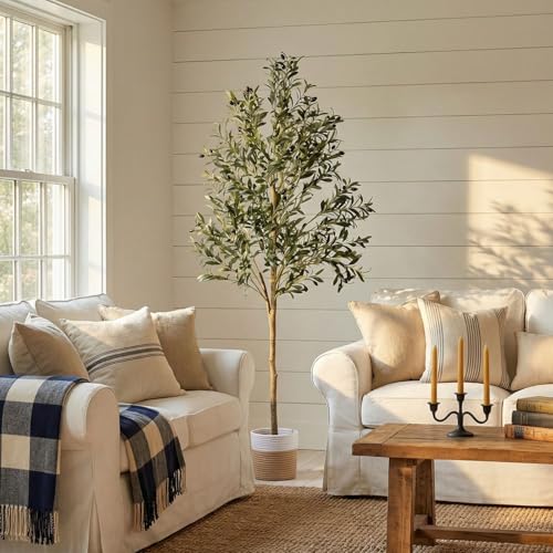 6ft Dense Leaves Artificial Olive Tree with Woven Basket - Realistic Faux Olive Tree for Living Room, Office & Home Decor - Large&Tall Indoor Floor Plant，Aesthetic Silk Plants