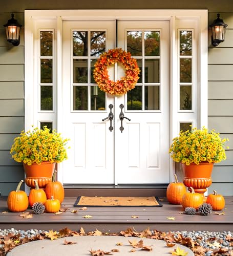 Artificial Mums Fall Fake Flowers for Outdoors, 10 Bundles Faux Mums Autumn Decorations,UV Resistant Silk Flowers Plastic Plants for Outside Front Porch Garden Patio Home Planters Decor (Yellow) - color: Yellow