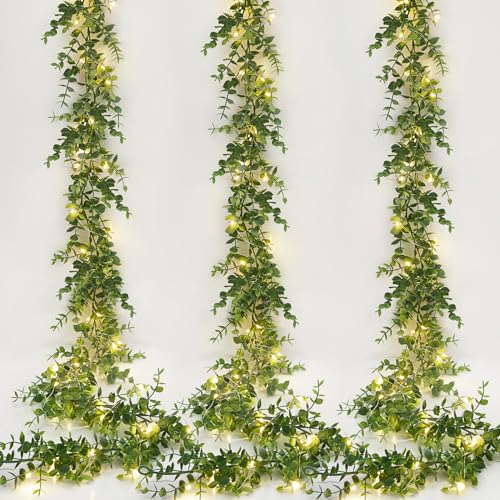 Dolicer 3 Packs Eucalyptus Garland with LED Lights String, 18FT Faux Eucalyptus Greenery Garland, Artificial Hanging Green Eucalyptus Leaves Vine Wedding Backdrop Arch Wall Table Decor (Grey Green) - color: Grey Green With Light, size: 3 Packs