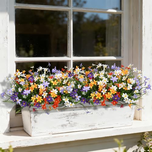Ammyoo 12 Bundles Artificial Spring Summer Flowers Outdoor Decorations Fake Plants, Realistic Silk Floral Garden Porch Faux Flowers for Outside Planters Decoration(Orange Purple White) - color: Orange Purple White No Basket