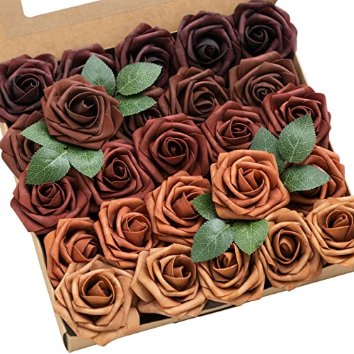 Ling's moment Artificial Flowers, 25Pcs 3" Roses in Terracotta Shades, Realistic DIY Foam Floral Decor for Wedding Bouquets/Centerpieces, Outdoor Party Backdrops, Room/Table, Garden/Pot Decorations - color: Shade of Dark Terracotta, size: 25Pcs
