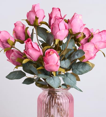 PONKING Rose Artificial Flower Buds 12pcs Realistic Faux Silk Roses Fake Flowers Bouquets Arrangements Decor for Wedding Spring Mother's Day, Home Table Decorations, Light Magenta Flower - color: C 12pcs Light Magenta Rose