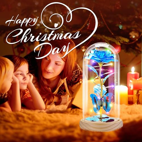 Otlonpe Preserved Artificial Rose Flower Lamp, Forever Women Gifts for Birthday Christmas Valentines Mothers Day, 7.7'' Glass Rose Wood Base Butterfly, Gifts for Mom Grandma Daughter Wife Girlfriend - color: Wood Blue