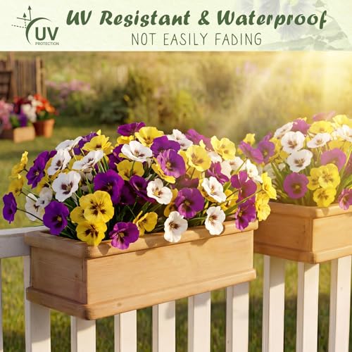 HUITEM 24 Pcs Artificial Flowers for Outdoors, Fake Pansy Uv Resistant Silk Faux Outdoor Flowers, Spring Flowers for Planter Front Door Porch Yard Patio Window Box Home Decor (3 Color) - color: 3 Color