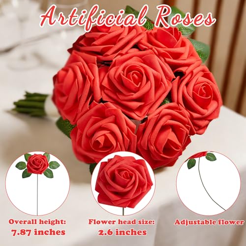16 Pcs Fake Red Roses Artificial Flowers | Red Foam Roses with Stems, Artificial Flowers for DIY Wedding Bouquets, Centerpieces, Party, Home Decor - color: Red Flowers