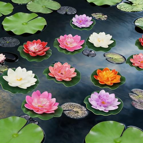 12pcs Artificial Floating Foam Lotus Flower with Fake Lily Pads, Lifelike Ornament Perfect for Home Garden Pond Decor, Indian Diwali Decorations Return Gifts - color: 12 Colourful