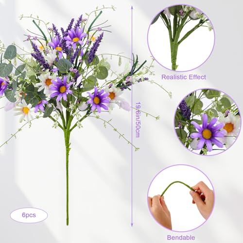 Giegxin 6 Bundles Fake Artificial Flowers Bouquet Spring Silk Flowers Arrangements Faux Wildflowers Bouquets Stems Fake Plants for Wedding Table Centerpiece Rustic Home Vase Floral Table(Daisy) - style: daisy