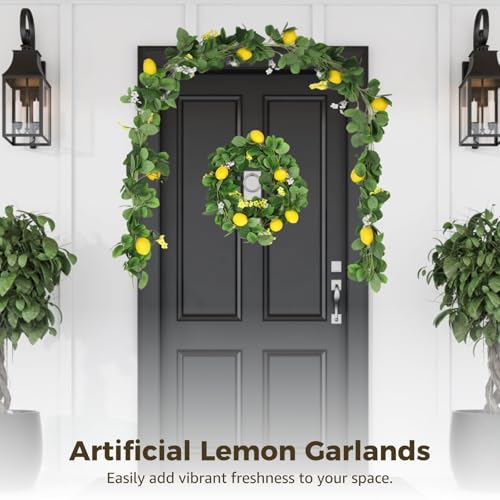 2 Pcs Artificial Lemon Garlands, 6.6 ft Faux Greenery Vines, Fake Fruit Vines with Lemons, Flowers, and Leaves, Spring Fruit Garlands for Indoor Outdoor Wedding Home Door Wall Decoration