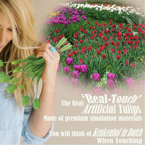 20pcs Artificial Tulip Flowers,16 Inch Real Touch Tulip Stems with Faux Leaves, Faux Tulips and Buds for Home Décor Centerpiece Ornament Wedding Bouquet,Green - color: Green