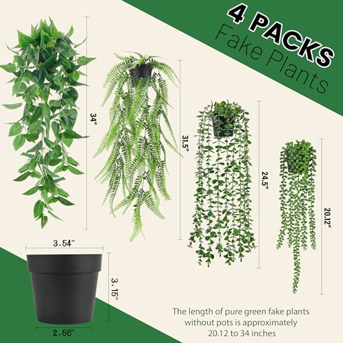 Der Rose 4Pcs Fake Plants Hanging Artificial Ivy Vine Faux Eucalyptus Hanging Plants, Boston Fern, String of Pearls for Living Room Aesthetic Bedroom Boho Kitchen Wall Shelf Indoor Outdoor Decor - color: Black Pot