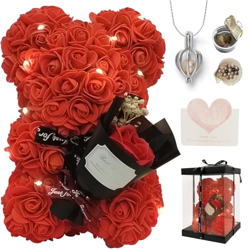 Romantic Valentines Day Gift for Her, Artificial Flowers Bouquet Necklace Rose Teddy Bear with Real Pearl Blind Box Birthday Gift, Valentiness Day Gift for Monther Wife Girl (Red) - color: Red