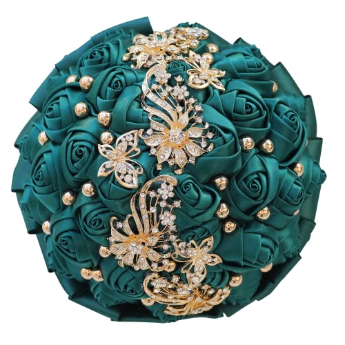 WIFELAI-A Golden Rhinestone Brooch Wedding Flowers Bridal Bouquets Crystal Bride Holding Bouquet White Ivory Satin Roses with Diamond - color: Emerald Green