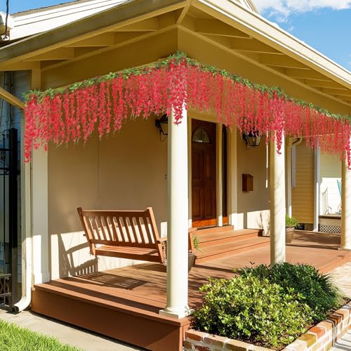 ARTKAIKE Artificial Flowers Garland for Home Decor, Fake Wisteria Vine Silk Hanging Plant Flower for Room Bathroom Wall Kitchen Bedroom Garden Outdoor Wedding Decor (4, Red) - color: Red