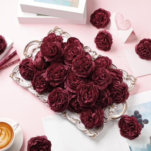Thiccywoov 50 Pcs Artificial Flowers, 3.2 Inches Silk Rose Head Flowers Fake No Stem for Wedding Bridal Bouquet Home Floral Decor DIY Centerpieces Arrangements Party Tables Decoration(Burgundy) - color: Burgundy