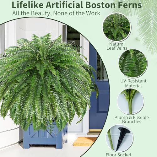 2 PCS Artificial Ferns for Outdoors, 50" Fake Ferns Artificial Plants Large Realistic Boston Ferns Artificial Plants Outdoor with 96 Fronds & Ground Spike for Porch Garden Home Office Decor - size: 2 Pack