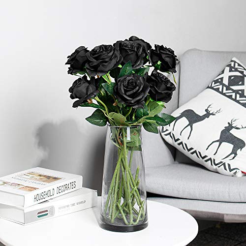 Luyue 10PCS Artificial Roses Flower with Stems Slik Fake Flowers Bouquet Realistic Long Stem Faux Rose for Valentines Day Wedding Home Decor - color: Black
