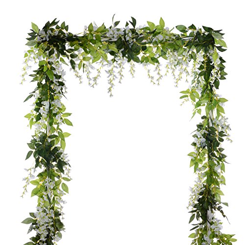 DearHouse 4Pcs 6.6Ft/Piece Artificial Flowers Silk Wisteria Garland Artificial Wisteria Vine Rattan Silk Hanging Flower for Home Garden Outdoor Ceremony Wedding Arch Floral Decor (White) - color: White