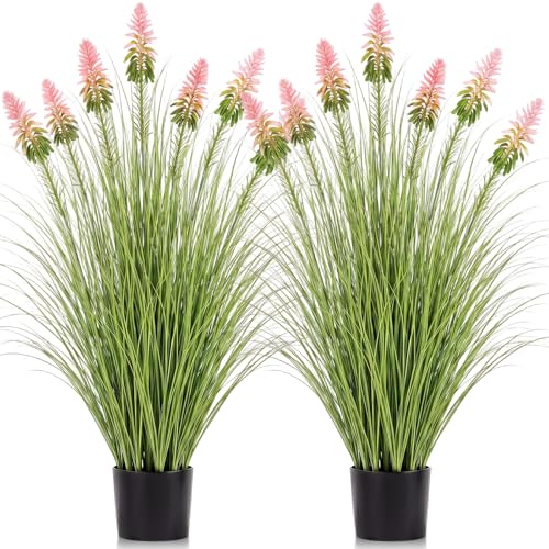 Jexine 2 Pieces 4 ft Artificial Tall Grass Plants Outdoor with Pink Cockscomb Flower Tall Artificial Grass Green Onions Plant Potted for Housewarming Gift House Garden Lobby Outdoor - color: Pink Cockscomb Flower