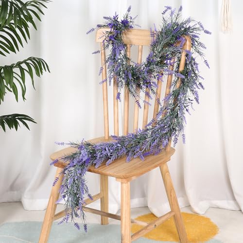 TOCHGREEN 6FT 2PCS Spring Summer Lavender Garland Artificial Purple Flower Garlands Faux All Year Lavender Garlands for Home Indoor Door Mantle Window Wall Arch Farmhouse Wedding Stair Table Decor - color: 2pcs