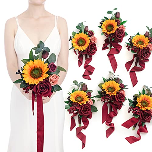 Ling's moment Artificial Bridesmaid Bouquets Set of 6,Sunflower Wedding Flower Bouquets Floral Bouquet Bridal Bouquets with Ribbon Ceremony Anniversary,7-inch Diameter - color: Ylw-sunflower