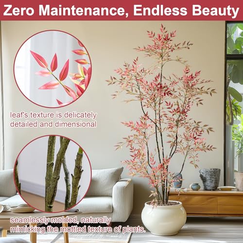 7.2ft Faux Bamboo Tree Artificial Nandina Tree Artificial Indoor Plants Realistic Fake Potted Tree with 800+ Leaves, Cement Planter - Home Office Decor Perfect for Housewarming Gift Non-Toxic - color: Red, size: 7ft 2in