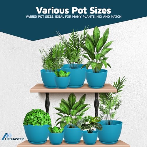 Blue Plant Pots with Drainage Holes & Saucers 10 Pack, Indoor & Outdoor Stackable Space-Saving Planters for Houseplants & Flowers, (7", 6.7", 6", 5.3", and 4.8" Inches), Durable & Weatherproof - color: Blue, size: Pack of 10