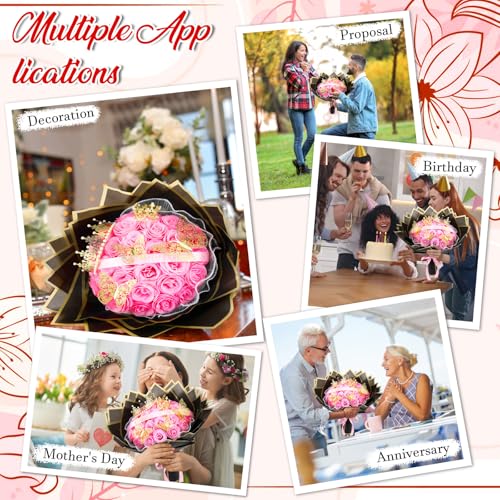 Thiccywoov 36 Pcs Glitter Roses Bouquet Graduation Artificial Rose DIY Flower Bouquet Kit Flower Wrapping Paper 3D Butterflies Crowns for Mom Mother Teacher Birthday (Pink-A) - color: Pink-a