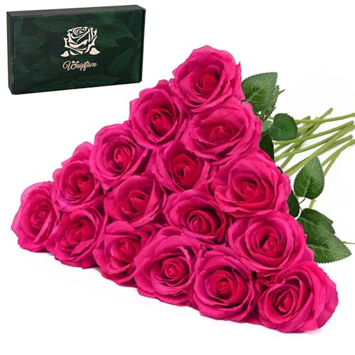 Waipfaru 16 Pcs Fuchsia Roses, Long Stem Fake Roses Artificial Flowers, Silk Flowers Bouquet for Valentines Mothers Day Hotpink Home Decor (Fuchsia) - color: Fuchsia, size: 16 Pcs