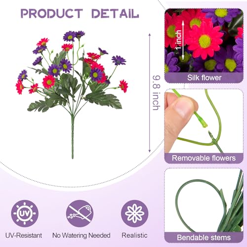 Ammyoo Fake Mums Spring Artificial Flowers for Outdoor Decoration, 12 Bundles Faux Silk Daisy Flowers Realistic UV Resistant No Fade Fake Plants for Home Patio Porch Garden Window Box Decor - color: Purple,rose Red