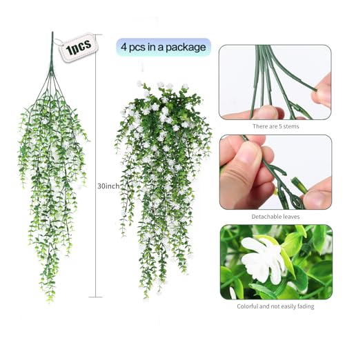 SJL 4pcs Fake Hanging Plants Realistic Artificial Outdoor Flowers Hanging Greenery Artificial Ivy Vine Leaves Faux Green Plastic Plants Greenery Flowers Green Leaf Decor for Wall Home (White) - color: White