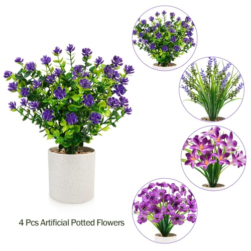 4 Pack Artificial Flowers in Pots, Mini Fake Potted Plants Small Faux Flowers for Indoor Decor, Purple Spring Tabletop Centerpieces for Bathroom Office Desk Shelf - color: Purple, size: 4 Pcs