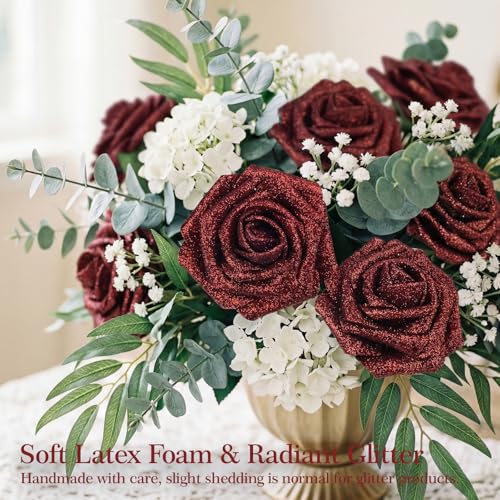 MACTING Mothers Day Flowers 30PCS Artificial Glitter Roses Real Touch Red Flowers with Stem Foam Roses for Wedding Bouquet Table Centerpieces Party Wreath Home Spring Graduation Decorations - color: Glitter Dark Red, size: 30PCS