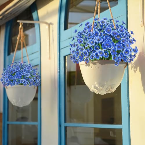 Outdoor Artificial Flowers 21 UV Resistant Bundles Fake Flower Plastic Plants Faux Silk Flowers Porch Hanging Garden Porch Window Box Decorating (Blue) - color: Blue