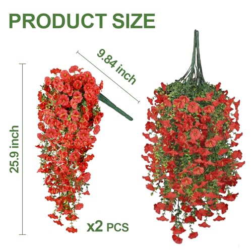 Artificial Hanging Flowers for Outdoors, 2PCS 300 Blooms UV Resistant Morning Glory Vine Fake Flowers with Eucalyptus, Realistic Silk Faux Hanging Plants Spring Summer Decorations for Outside (Red) - color: Red, size: 2PCS