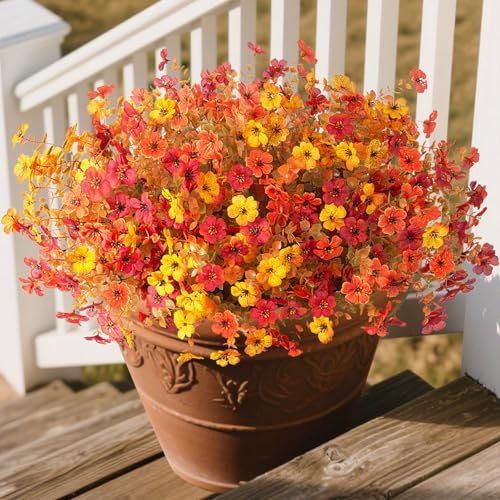 12 Bundles Fake Mums Fall Flowers Artificial for Outdoors Decoration Artificial Mums Faux Plants Daisy for Outdoor Outside Planters UV Resistant Violets for Fall Decor Home Porch Door Front Patio Yard - color: Z3-orange, Autumn Red, Yellow