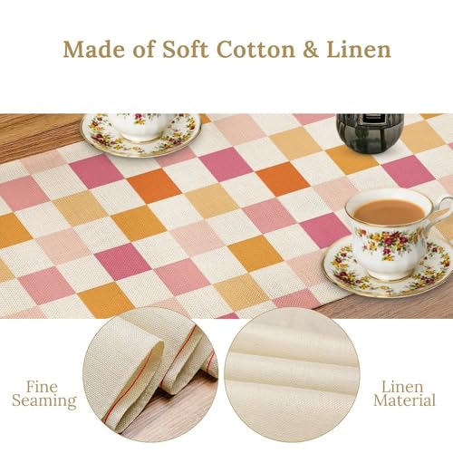 Groovy Hippie 1970s Table Runner Vintage Geometric Pink Orange Checkered Dinner Runner for Country Farmhouse Kitchen Birthday Party Holiday 36X13inch - color: Checkered-2, size: L36"x W13"