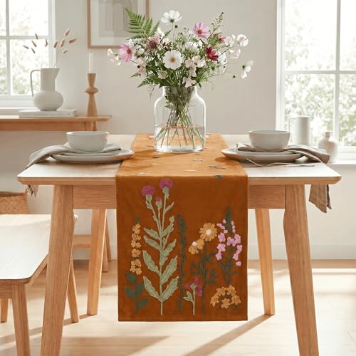 Artoid Mode Caramel Soft Chain Embroidery Wild Floral Fall Table Runner, Seasonal Spring Kitchen Dining Table Decoration for Home Party Decor 13x72 Inch - color: Caramel, size: 13" x 72", Table Runner