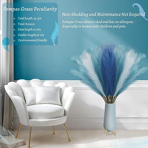 9Pcs 3FT Colorful Faux Pampas Grass for Boho Decor, KALYLOC Non-Shedding Fluffy Artificial Bulrush, Tall Reed Fluffy Stems Vase Filler Living Room Wedding Decoration (Light Blue)… - color: Light Blue