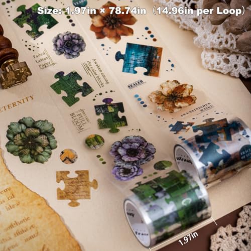 6-Roll Puzzle Piece Floral PET Tape Set – Pre-Cut Transparent Vintage Collage Flower Stickers for Scrapbooks Journals Planners Cards & DIY Craft Decoration - style: Floral Fragment