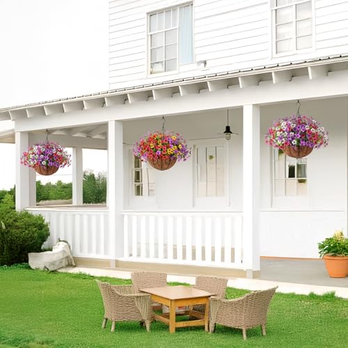 Homsunny Artificial Faux Hanging Flowers Plants with Basket for Outdoor Spring Decoration, Fake Silk Daisy Outside Indoor UV Resistant Look Real Yard Patio Front Porch Garden Balcony Home Decor(Mix4) - color: Pink White Purple