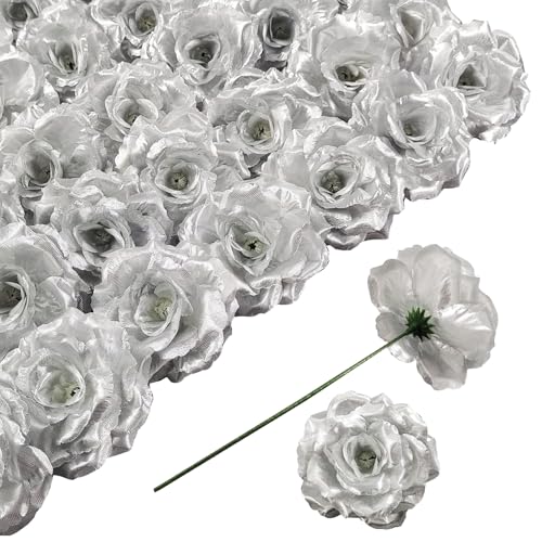 Rose Artificial Flowers, 50Pcs Silver Roses Head Flowers Bulk with Stem, 3 Inches Silk Rose Fake Flower Head for Wedding Party Home Decor DIY Baby Shower Centerpieces Tables Decoration(Silver) - color: Silver