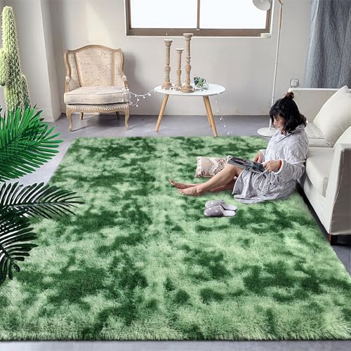 DweIke Fluffy Sage Green Shag Rugs for Bedroom Living Room, 3x5 Feet Soft Plush Tie-Dyed Mint Green Girls Boys Kids Rug, Non-Slip and Machine Washable Carpet for Dorm Nursery Classroom Decor - color: Light Green, size: 3 Ft X 5 Ft