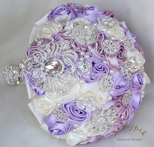 Bridal Wedding Bouquet Round Bling Brooch Bouquet Artificial Rose Flower Bunch for Bride Bridesmaid Wedding Quinceanera(Light Purple, Light Taro & Ivory, 9.8") - color: Light Purple, Light Taro Purple & Ivory, size: Large (Dia. 9.8"/25cm)