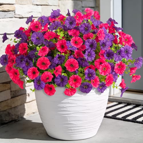 ADXORA 12 Bundles Morning Glory Artificial Flowers for Outdoor Decoration UV Resistant Fake Plastic Plants Artificial Greenery for Indoor Outdoor Garden Patio Window Box Home Decor - color: Hot Pink,dark Purple