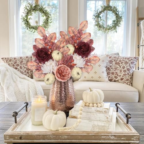 Fake Fall Flowers Bouquet Arrangements Artificial Silk Flower Stem with White Pumpkin and Pink Eucalyptus Leaves Autumn 2PS Red Floral Table Centerpieces for Vase Home Kitchen Thanksgiving Decor - color: Pink and Burgundy