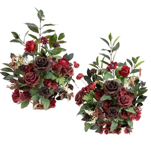 Ling's moment 17.5" Tall Free Standing Artificial Flowers Arrangements 2 pcs Wedding Aisle Runner Chair Decorations Bordeaux Red Centerpieces for Ceremony Reception Rose Floral Floor Party Outdoor - color: Red-bordeaux Red