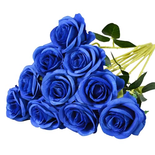 10 Pcs Blue Rose Artificial Flower, Faux Silk Flowers With Long Stems, Fake Roses Bulk Bouquet for Decoration Valentine's Day Centerpieces Proposal Bridal Bouquets Shower Party Home Floral Decor - color: Blue